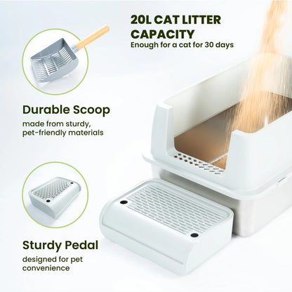 Cattasaurus Stainless Steel Litter Box - Plastic Hood