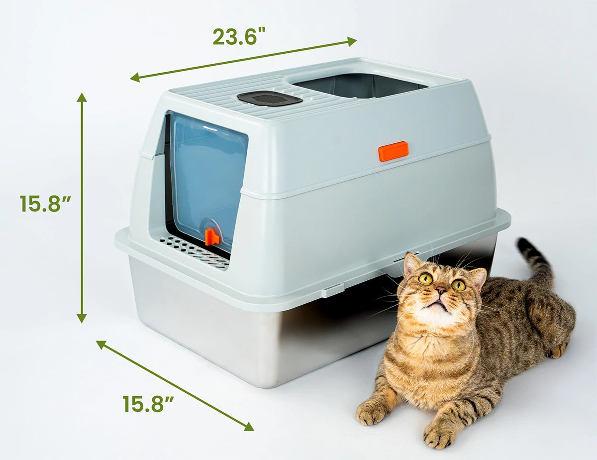 Cattasaurus Stainless Steel Litter Box - Plastic Hood