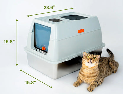 Cattasaurus Stainless Steel Litter Box - Plastic Hood