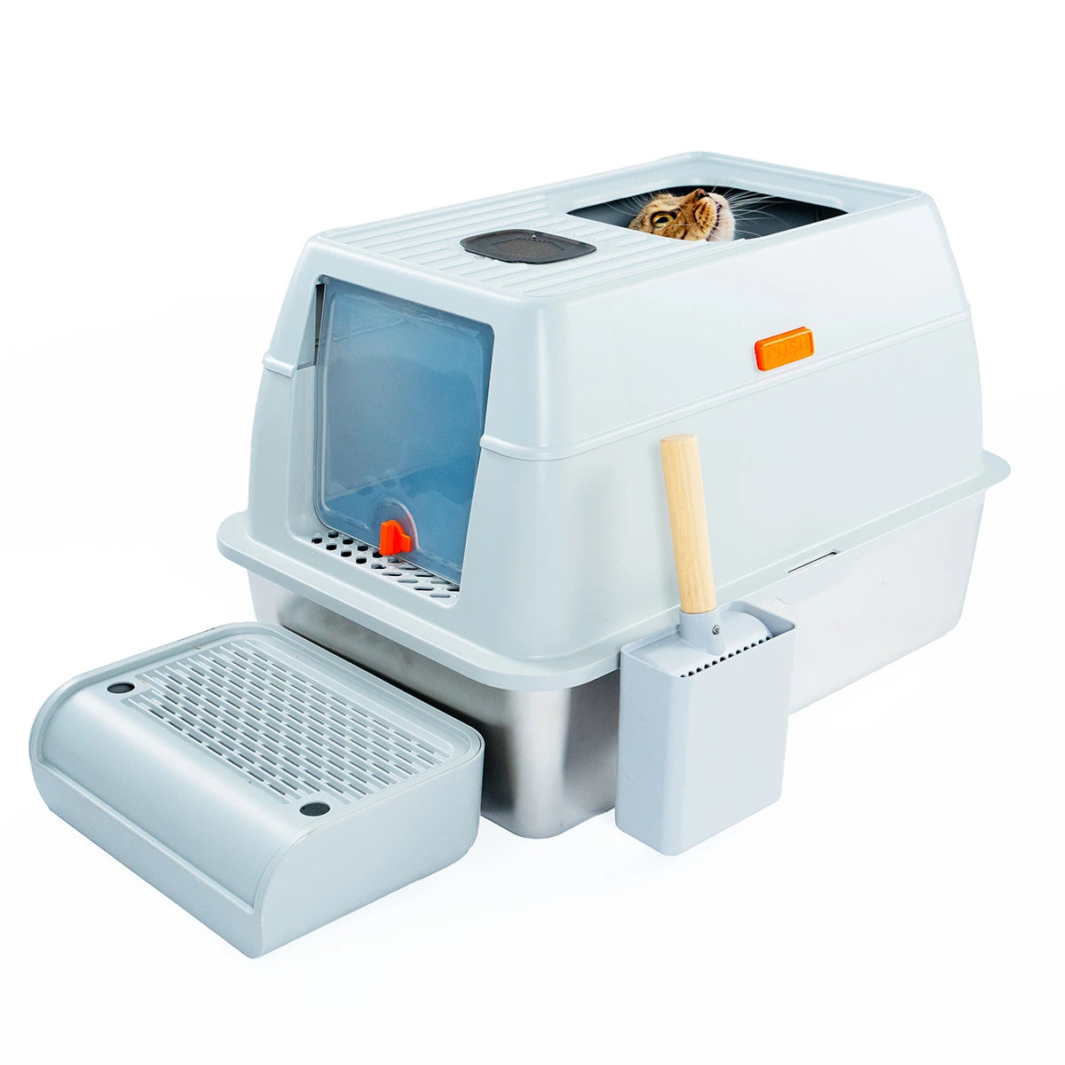 Cattasaurus Stainless Steel Litter Box - Plastic Hood