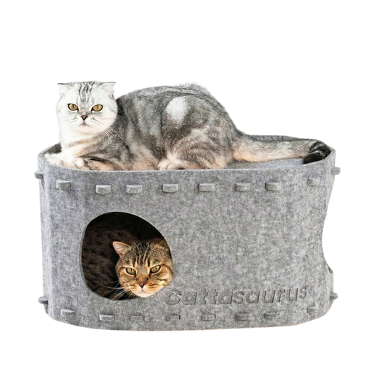 A gray felt cat house with a top platform and an oval front opening, shown on a white background with two cats: one sitting on the top and one peeking out from the front opening. The word 'Cattasaurus' is embossed on the front.