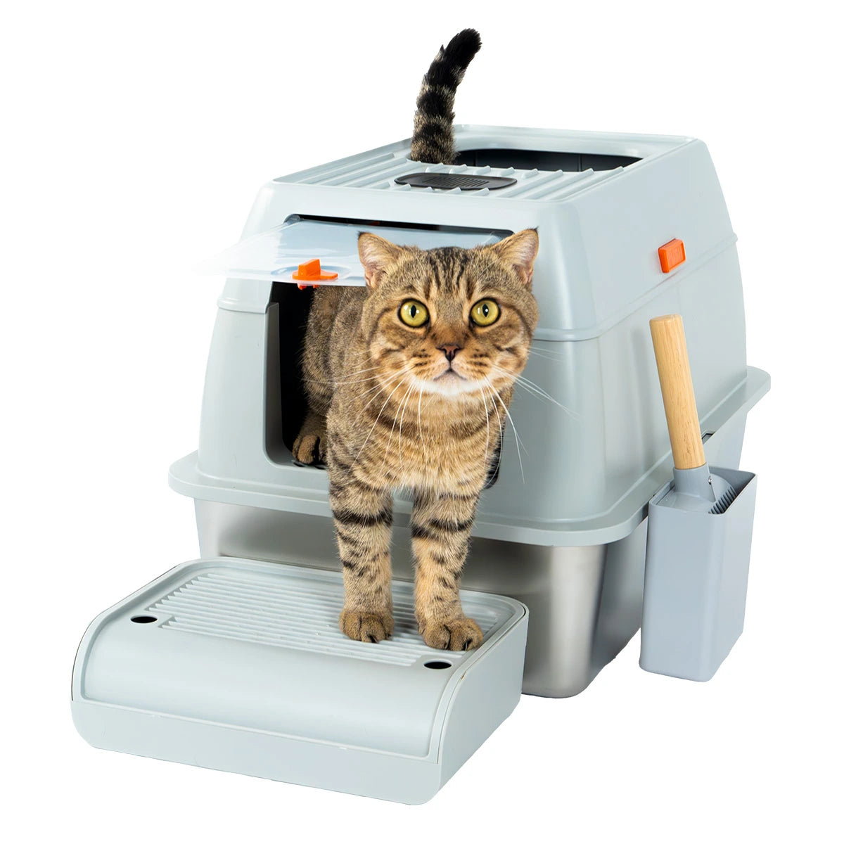 Cattasaurus Stainless Steel Litter Box - Plastic Hood