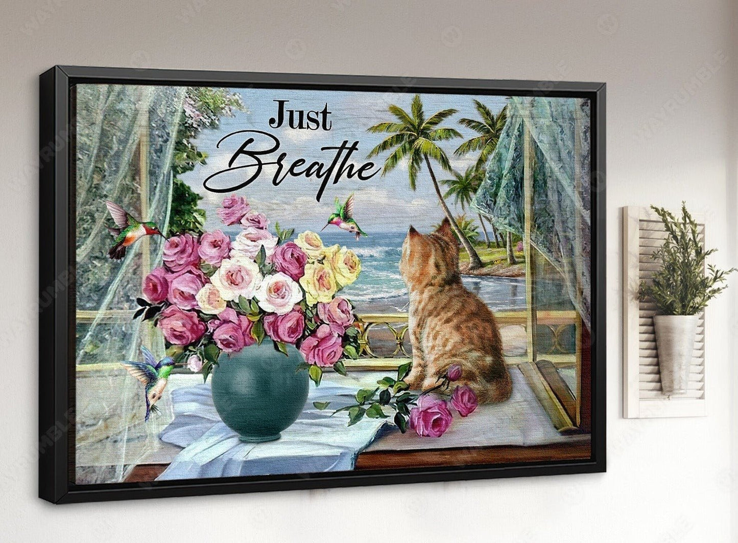 Pink rose vase, Dream cat, Beach painting, Hummingbird, Just breathe - Jesus Landscape Canvas Prints, Christian Wall Art