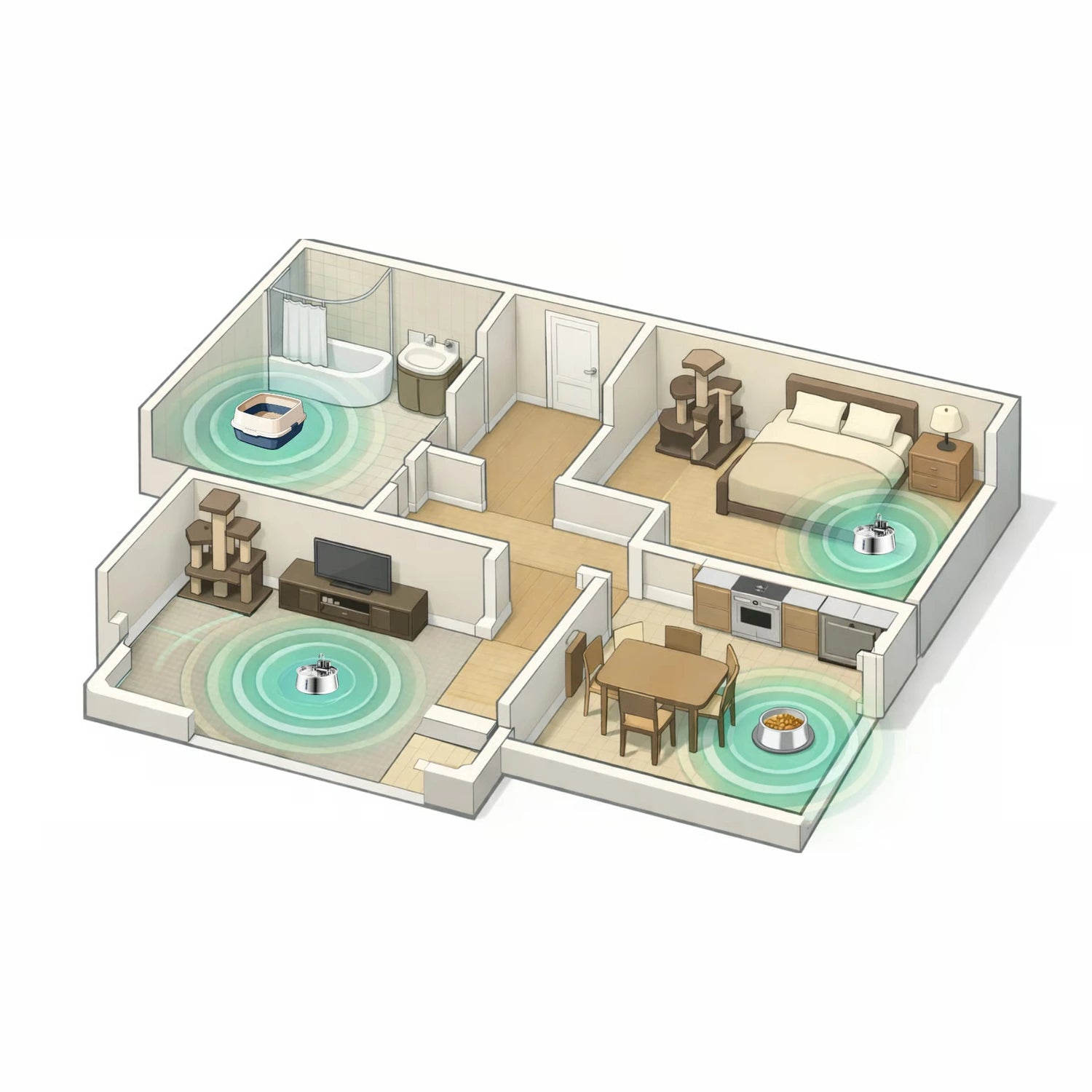 Floor plan showing the wireless fountain placed away from food, where the cat feels safe