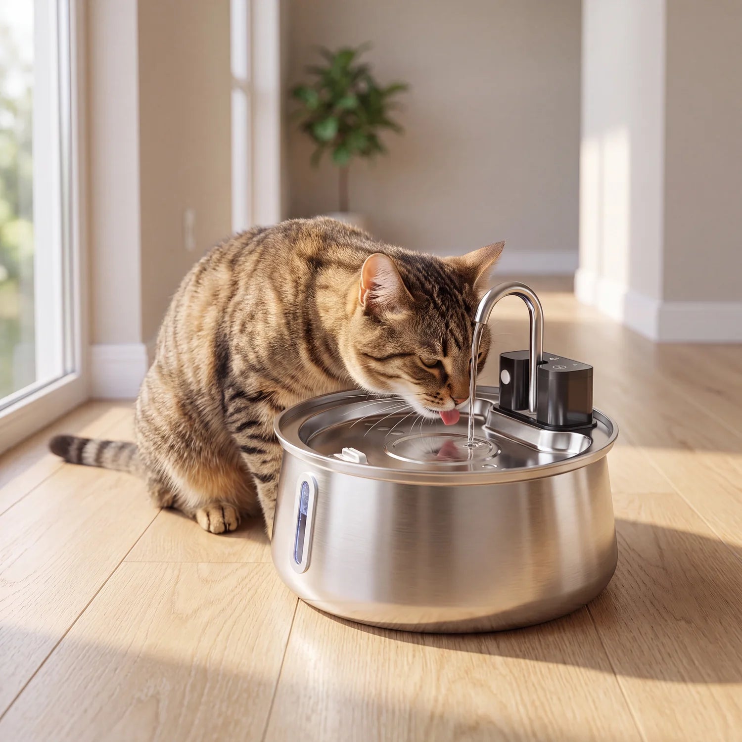 Cat drinking from the wireless Cattasaurus stainless steel fountain