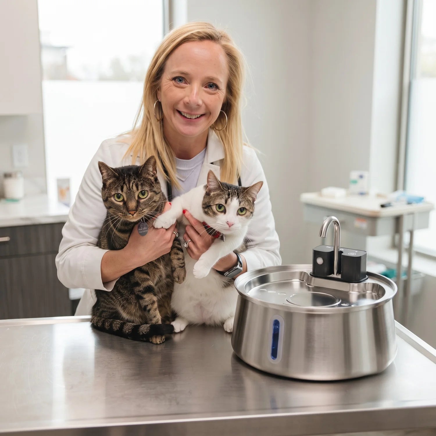 Veterinarian holding two healthy cats beside the Cattasaurus fountain