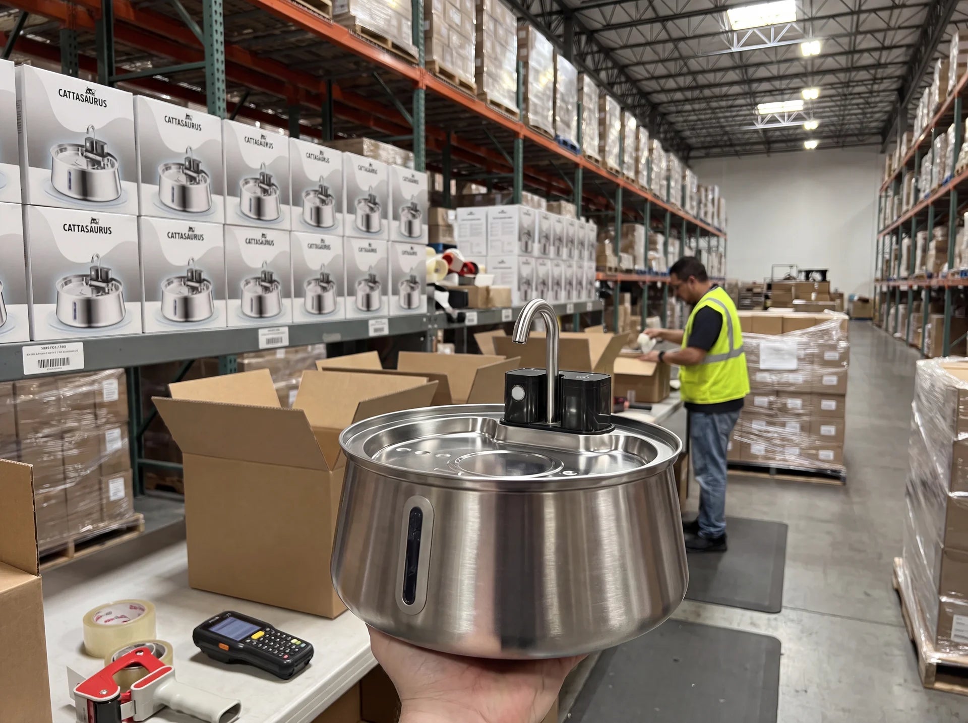 Cattasaurus fountain held up in a busy 3PL fulfillment warehouse packing orders